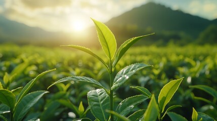 Wall Mural - Close-up of a single tea plant in a lush green field during a sunrise.