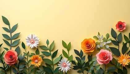 Leinwandbilder - A vibrant arrangement of various flowers and leaves against a soft yellow background, creating a cheerful and fresh atmosphere.