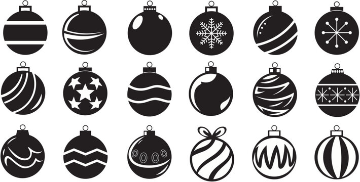 Set of silhouettes christmas balls with different textures. Christmas bauble decorated with black and white patterns. Vector illustration