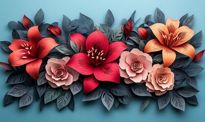 Aufkleber - A vibrant arrangement of paper flowers in various colors, surrounded by intricate leaves against a blue background.