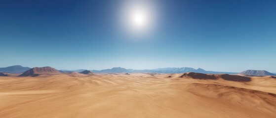 Bright sun over vast desert landscape with distant mountains.