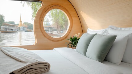 Wall Mural - Modern Cozy Bedroom with River View of Traditional Thai Architecture Through Circular Window