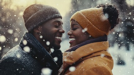 Sticker - Attractive young american couple dressed in winter clothes in winter park