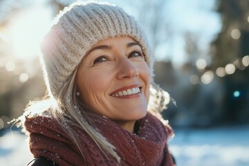 Beautiful mature woman dressed in winter clothes in winter park