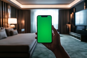 Hand holding smartphone with green screen in modern bedroom, ideal for tech or lifestyle themes.