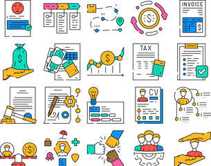 Sticker - business process technology icons set vector. system teamwork, data workflow, computer strategy, digital information, project business process technology color Contour Illustrations