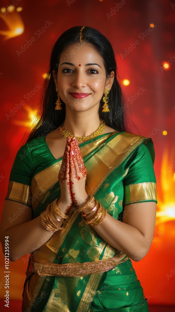 Portrait of Indian young woman in bright green saree with gold borders ...