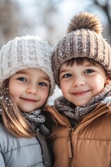 Wall Mural - Cute child boy and girl dressed in winter clothes on blurred park background