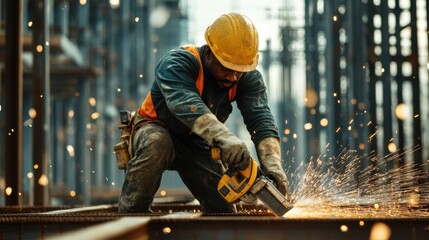 A stocky Black male construction worker, using a power saw to cut steel beams on a high-rise construction site.