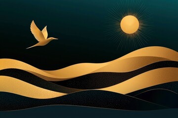 Abstract Gold and Black Wave Pattern with Sun and Bird