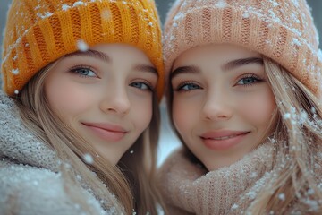 Sticker - Portrait of beautiful young twins sisters dressed in warm clothes in winter park