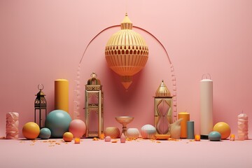 3d modern Islamic holiday background. Muslim Holy Month Ramadan Kareem - Ornamental Arabic Lantern metal moon, and mosque portal, luxury Ramadan background.