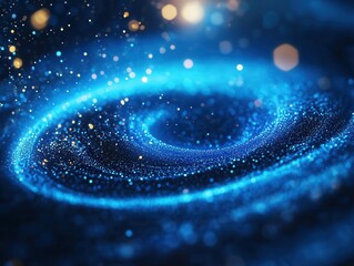 Glowing blue particles swirl in a futuristic vortex, illuminated by soft neon light Dynamic motion, shallow depth of field, bokeh effects Cinematic shot, wide angle