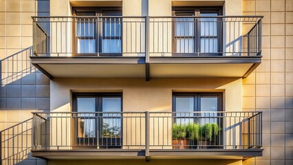 A Modern Building Facade With Two Balconies, One With Plants In Pots And The Other With Windows