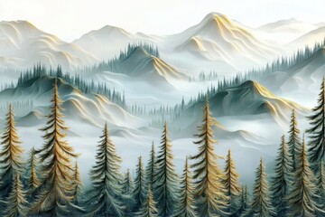 Wall Mural - Vintage hipster retro landscape with fir forest in the mist