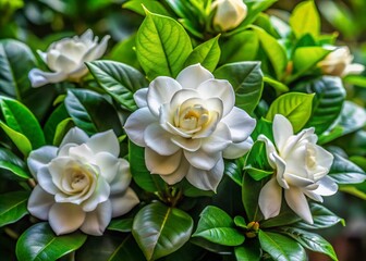 Poster - Beautiful Gardenias in Bloom with Lush Green Leaves and Soft Petals Capturing Nature's Elegance