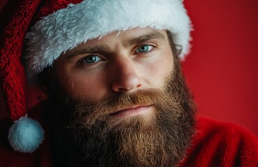 stoic man with a beard in santa claus costume gazing at the camera