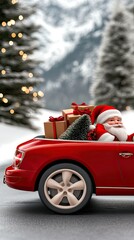 Wall Mural - Santa is driving a red convertible packed with presents and a Christmas tree, traveling through a picturesque winter landscape adorned with snow and trees