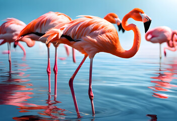 Flamingos gather in a pond filled with water lilies. Soft lighting creates a peaceful atmosphere.