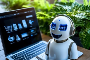 Aufkleber - A customer service chatbot assisting a shopper on an online store, displayed on a laptop screen with helpful tips for product recommendations