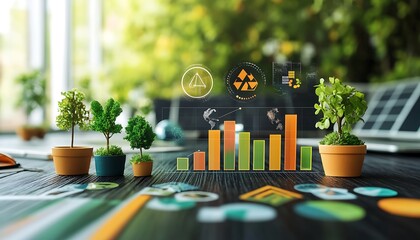 Poster - A modern workspace featuring potted plants and digital graphs, symbolizing growth and sustainability in a vibrant, green environment.