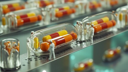 Poster - tiny figures operate on colorful capsules in a modern laboratory environment illustrating pharmaceut