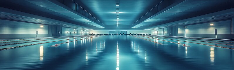 Aufkleber - A serene indoor pool features calm waters and soft blue lighting, creating a tranquil and spacious atmosphere.