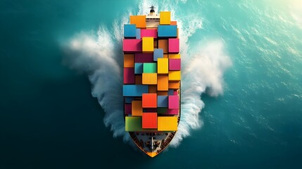 Poster - A large cargo ship carrying a multitude of colorful shipping containers navigates the open windswept sea
