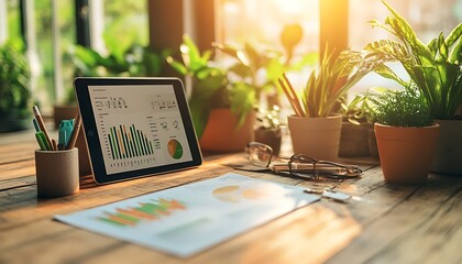 Leinwandbilder - A bright workspace featuring a tablet displaying graphs, surrounded by potted plants and stationery, creating a productive and serene environment.