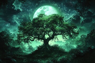 Wall Mural - A solitary, ancient oak tree stands tall under a glowing full moon in a dark, enchanted forest.