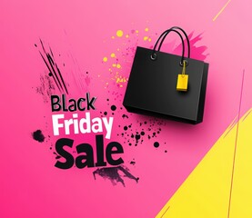 Black Friday Sale text with a shopping bag and sun icon on a pink background, an online store banner or social media post template for graphic design vector illustration. 