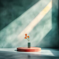 Poster - Minimalist contemporary 3D interior scene with diverse color tones vacant floor and wall planes a centered product display plinth and sharp angular shadows extending across the countertop