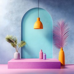 Poster - Contemporary 3D studio interior with lavender hued walls empty minimalist space and a product display podium under soft shadows from an overhead window  Natural lighting illuminates the clean