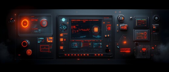 Poster - Visually stunning futuristic control room with complex HUD overlays displaying real time data analytics state of the art GUI control panels featuring vibrant holographic interfaces