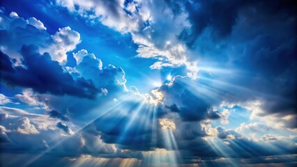 Sunbeams penetrate a vast, dramatic sky, painting the clouds with ethereal light