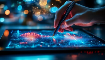 Aufkleber - A hand using a stylus on a digital tablet, displaying vibrant graphics and data visualizations, suggesting advanced technology and analysis.