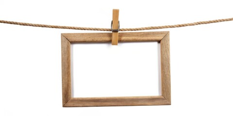 A simple wooden picture frame hangs from a rope with a wooden clothespin