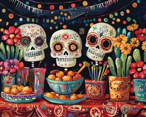 Canvas Print - Whimsical Day the Dead-themed art featuring colorful sugar skulls and festive decor in a playful and lively setting