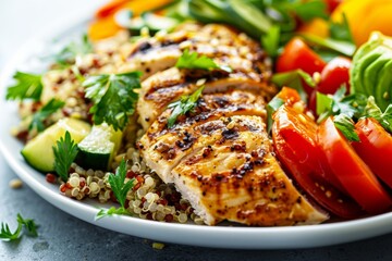 Grilled chicken and quinoa salad with fresh vegetables