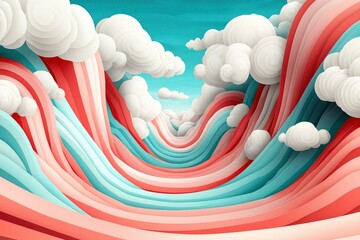 Wall Mural - abstract papercut landscape with curved stripes and clouds