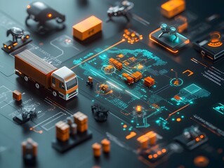 Poster - A cutting edge system that manages integrated global supply chains featuring holographic projections of worldwide trade routes and economic data