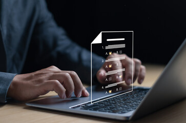 Poster - Businessman Choose correct answer for questionnaire, assessment, online exam, online learning, survey filling or computer-based test using Internet technology