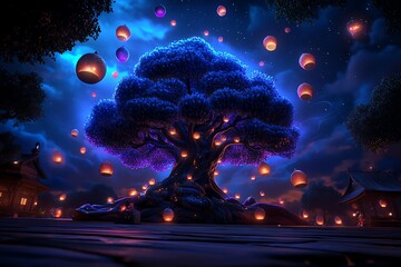 Aufkleber - Fantasy depiction of an ancient tree glowing with magical light, surrounded by floating orbs and lanterns, symbolizing the magical essence of the Festival of Lights