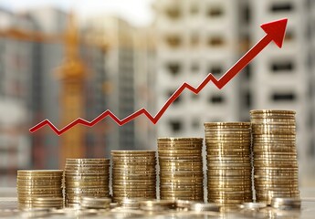 Graphical representation of rising financial growth with stacked coins and an upward trend arrow against a construction backdrop