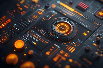 Poster - Elegant and Modern User Interface Layout featuring Captivating Heads Up Display and Sophisticated Graphical User Interface for Game Creation in a Muted Tone Futuristic Technology Environment