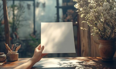 Poster - A peaceful scene featuring a hand holding a blank sheet of paper in a sunlit setting, surrounded by plants and artistic tools.