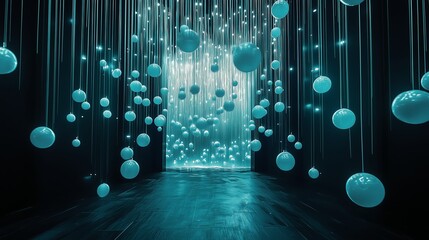 Poster - a mesmerizing display of glowing blue orbs suspended in a dark corridor creates an enchanting atmosp