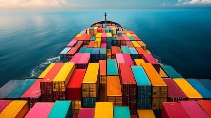 Poster - Optimized International Cargo Delivery via AI Powered Container Ship Management System  Massive cargo ship transporting multicolored shipping containers across vast open ocean