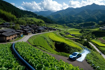 Futuristic depiction of a rural village with automated water systems controlled by AI, ensuring clean and efficient water supply to homes and farms