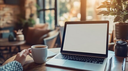 Poster - A cozy workspace scene featuring a laptop and a cup of coffee, illuminated by natural light from large windows.